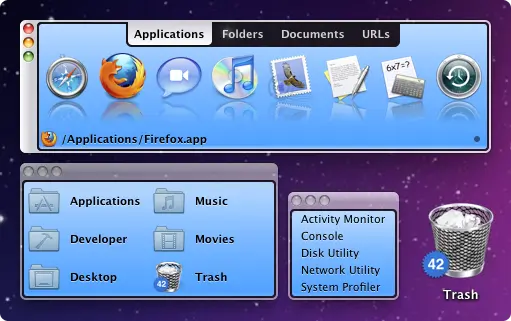 DragThing showing multiple docks, folder drawers, and the iconic Trash icon