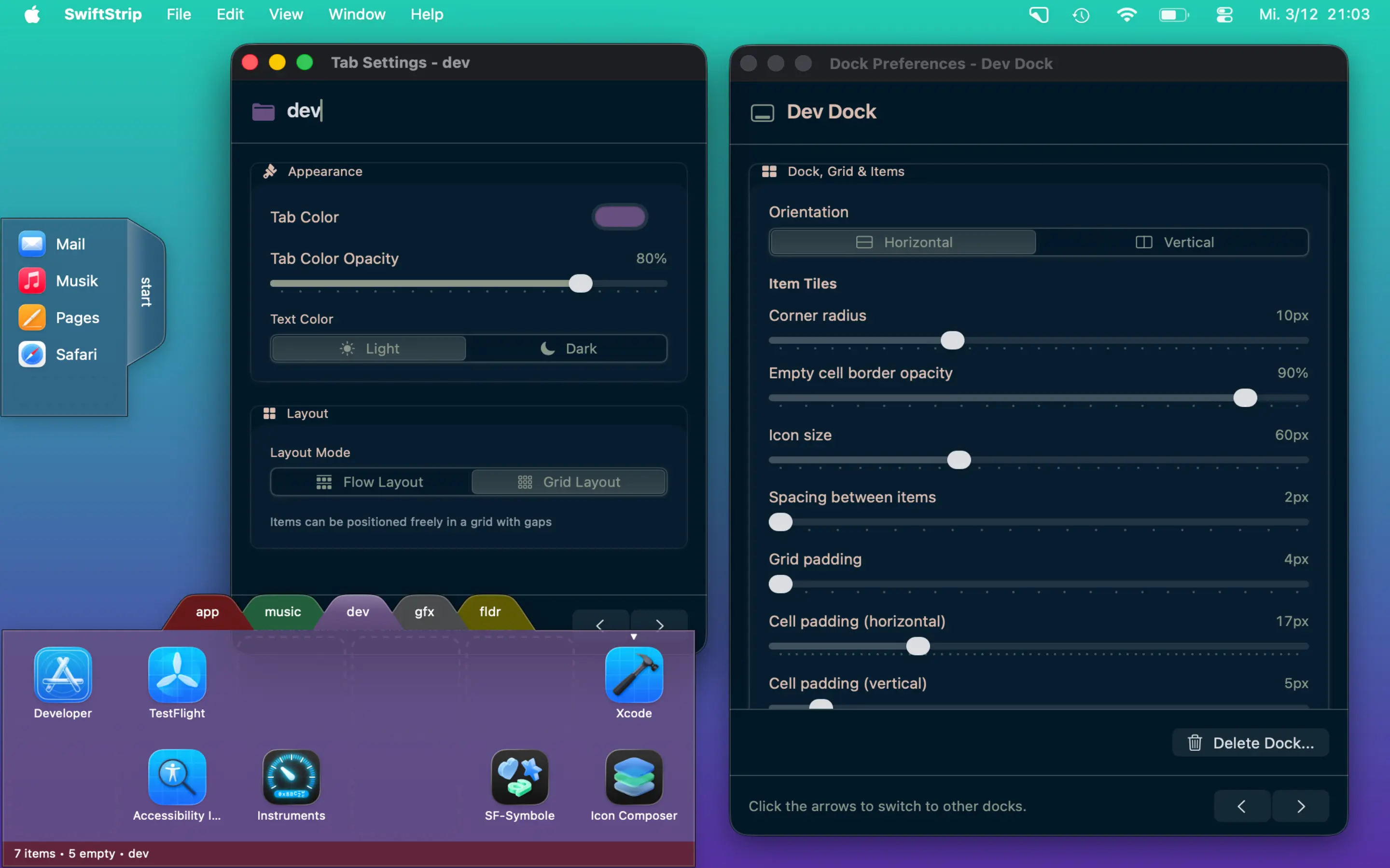 SwiftStrip dock preferences showing tab color, layout mode, orientation, icon size, spacing, and padding settings