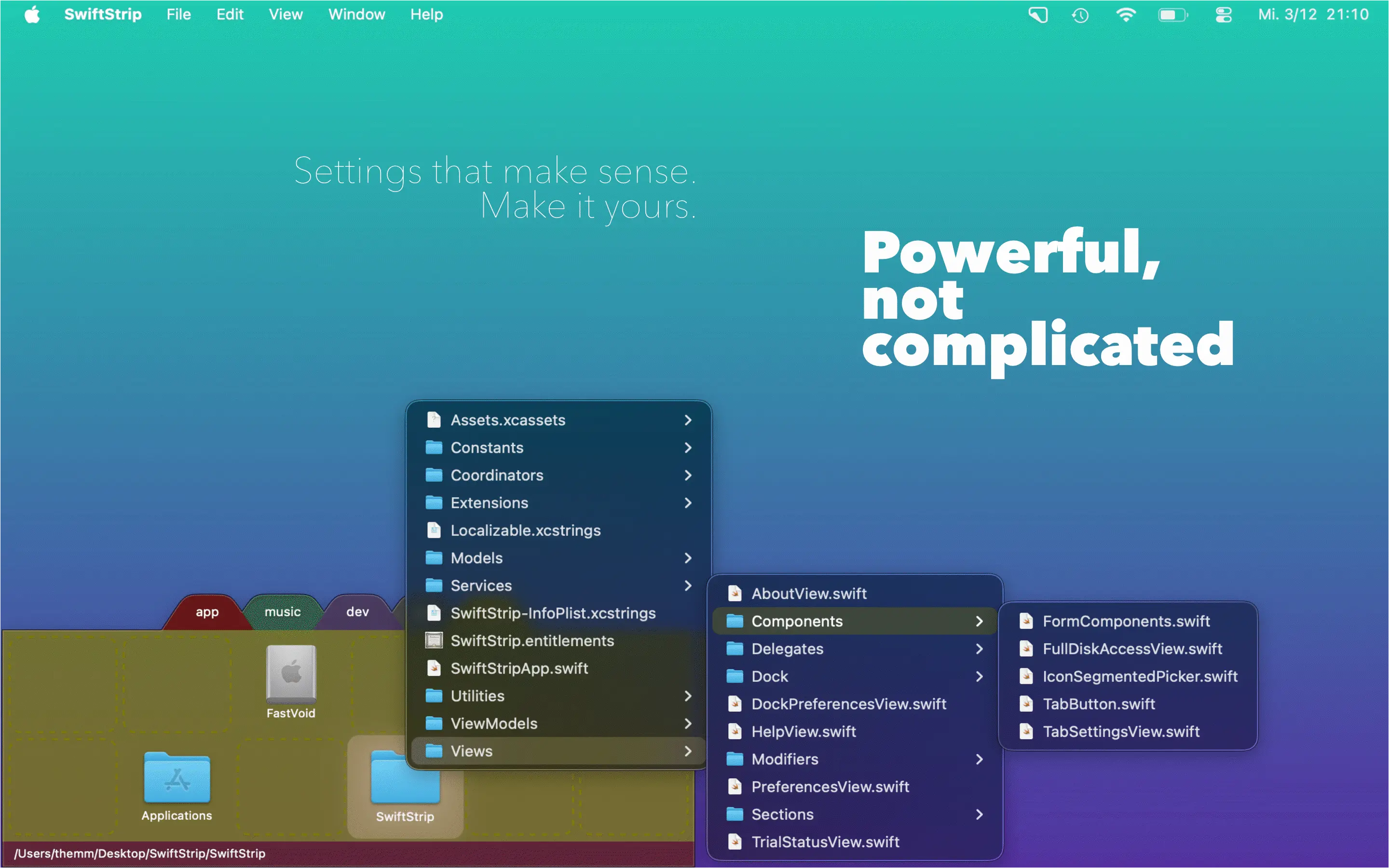 Dragging apps into SwiftStrip with spring-loaded folder menu