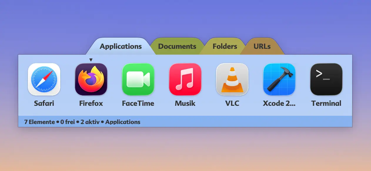 SwiftStrip tabbed dock on modern macOS with Applications, Documents, Folders, URLs tabs matching DragThing layout
